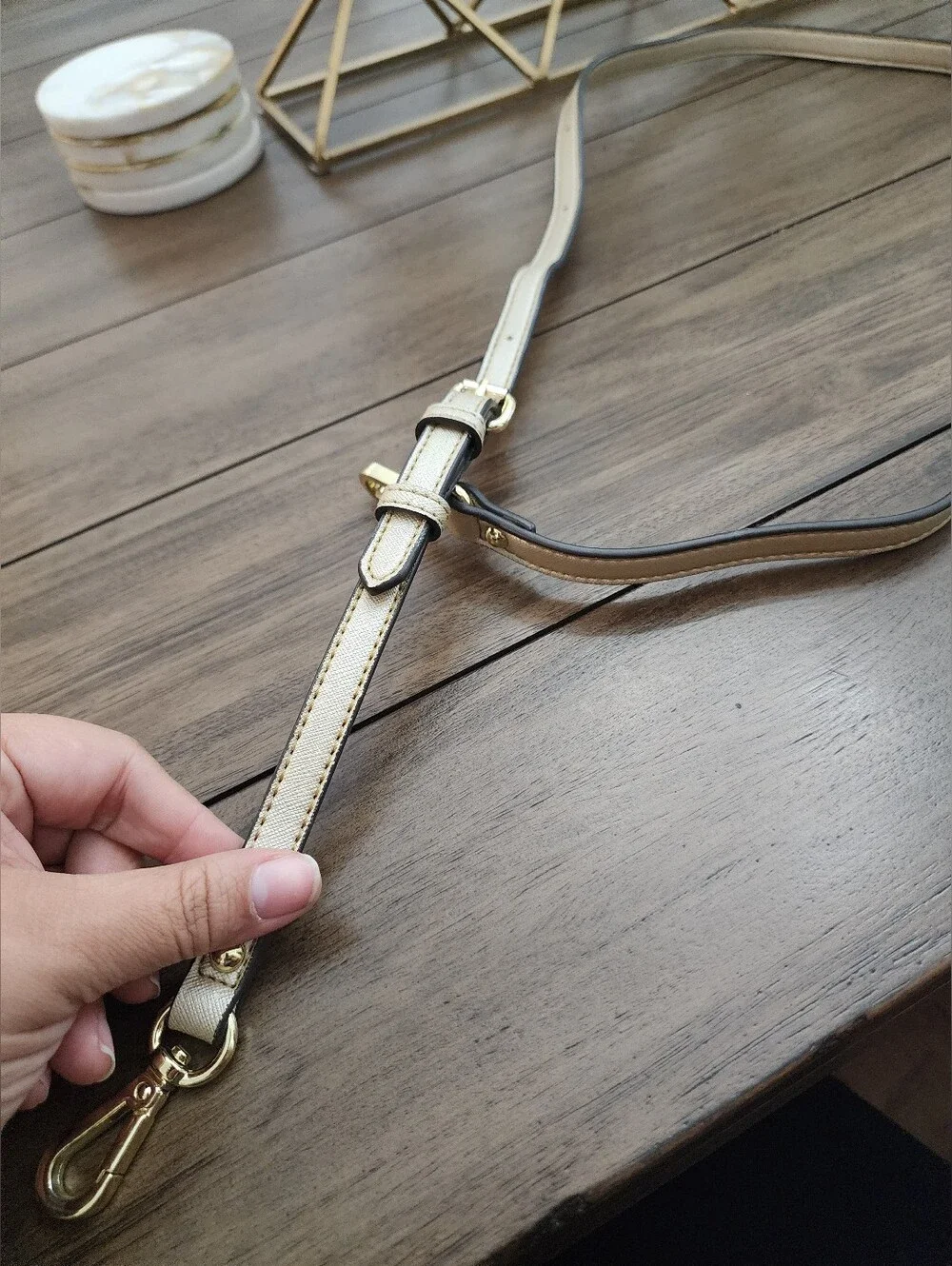 Classic Gold Faux Saffiano Leather Crossbody Strap with Gold Hardware 49 In Long